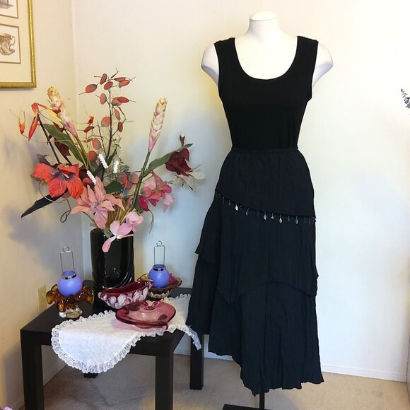 NWT Women Black 2-Layers of Tiered Lined Elastic High Waist Asymmetrical Skirt - Picture 9 of 16